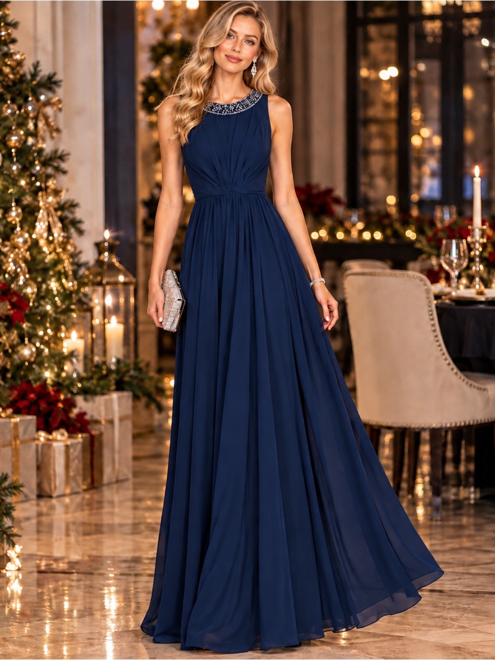 Mac Duggal Navy Beaded Halter Maxi Gown